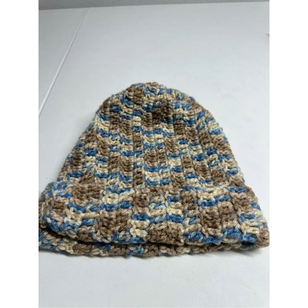 Kids Unisex Handmade Beanie Hat Wool Blend One Size Blue Brown
